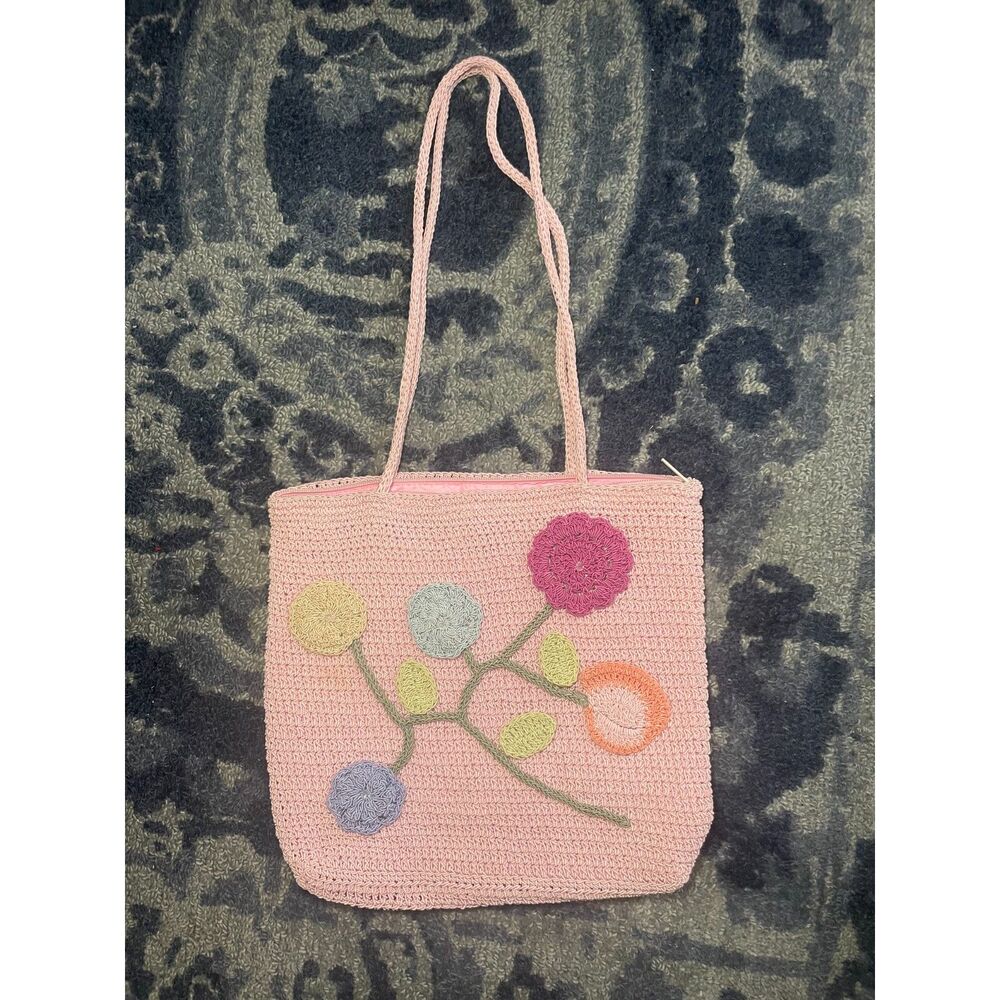 Pink Purse Flower Detail Crochet Inspired Shoulder Bag Garden Granny Whimsy - Picture 2 of 11